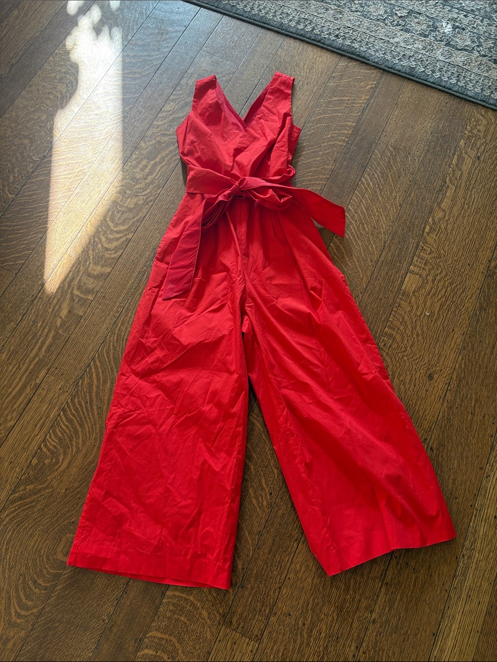 J. Crew Red Sleeveless V-Neck Wide-Leg Jumpsuit with Waist Tie